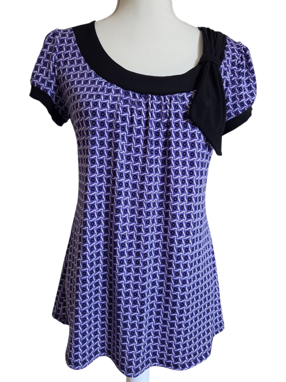 Maurices Purple Geometric Print Top with Black Bow Trim